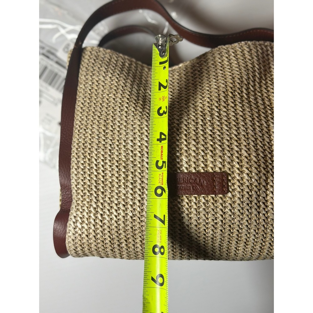 American Leather Co Bag Tan Woven Straw Leather Trim Satchel Crossbody Handbag - Picture 9 of 11